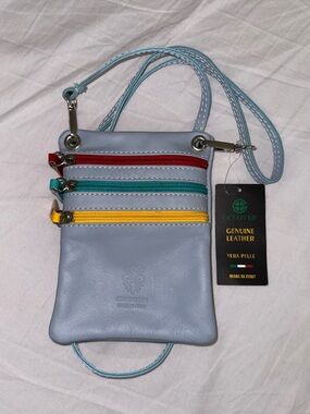 Light Blue Genuine Leather Crossbody Bag with Color Zippers
